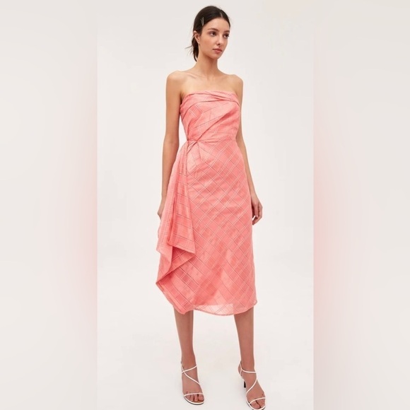 C/MEO COLLECTIVE SAME THINGS MIDI STRAPLESS DRAPED COCKTAIL DRESS CORAL CHECK - Picture 1 of 16
